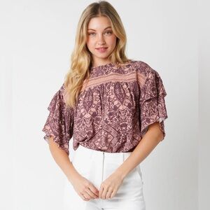 Olivaceous Mauve Floral Ruffle Blouse